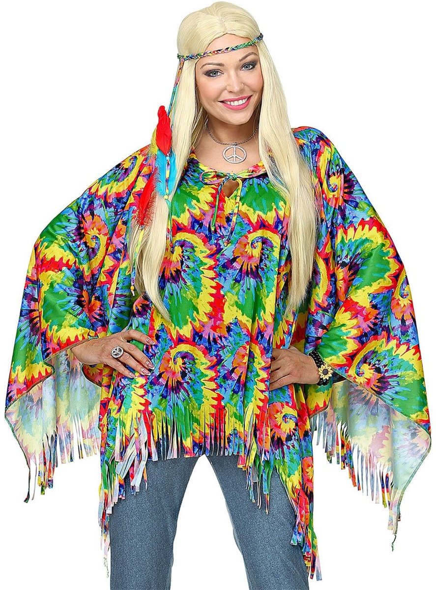 Hippie Kostuum | Hippie Poncho Wild Patroon Met Hoofdband | Vrouw | One Size | Carnaval kostuum | Verkleedkleding